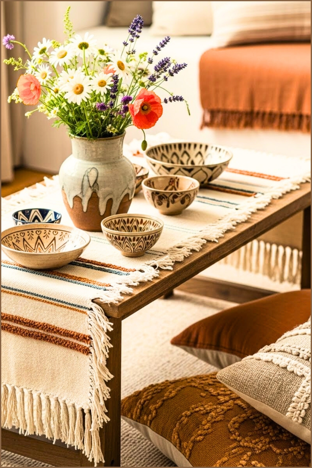 Rustic Boho Style Coffee Table Decor Fringe Textile Runner
