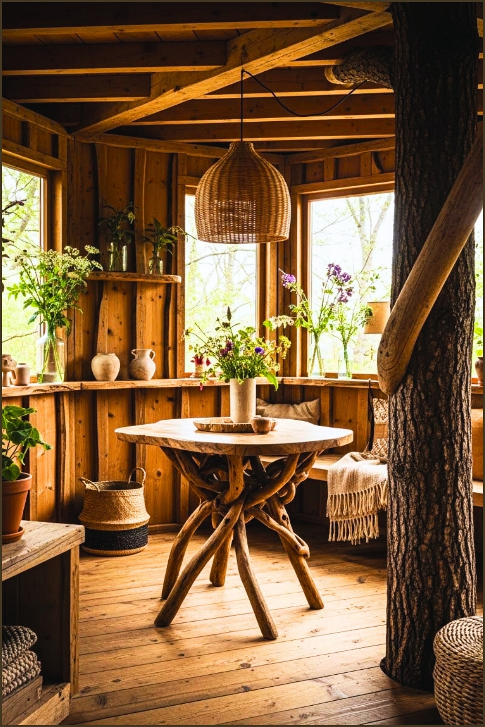 Rustic Boho Treehouse Interior Natural Raw Wood Walls And Flooring