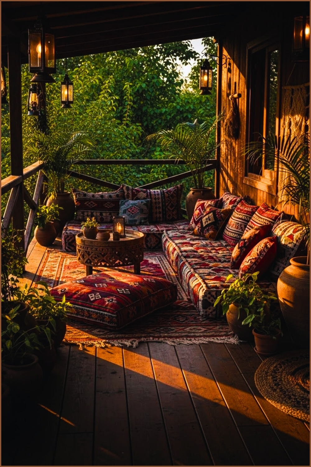 Rustic Boho Veranda With Floor Sofa Seating Colorful Ethnic Patterned