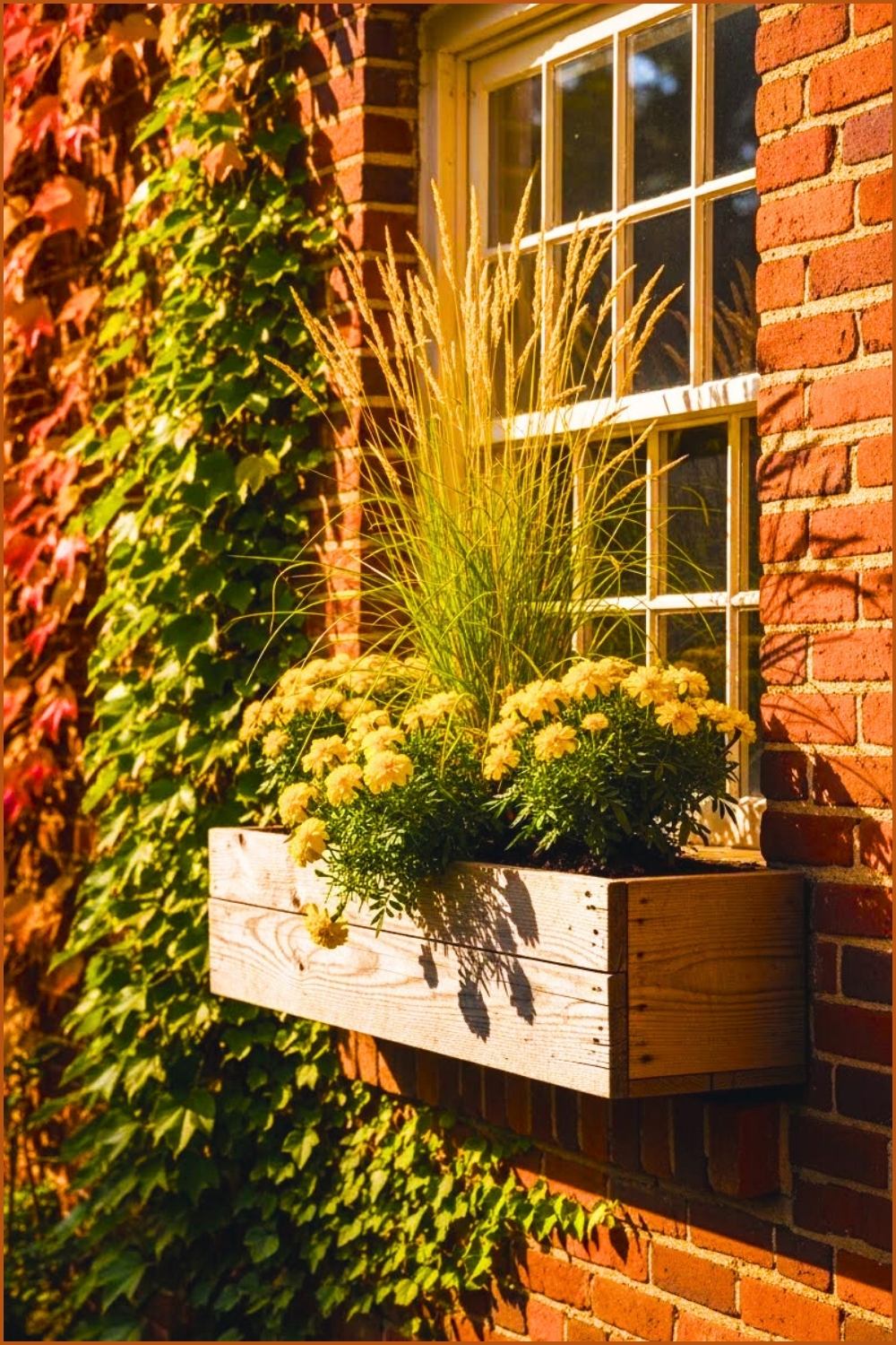 Rustic Brick House Exterior With Wooden Window Box Filled