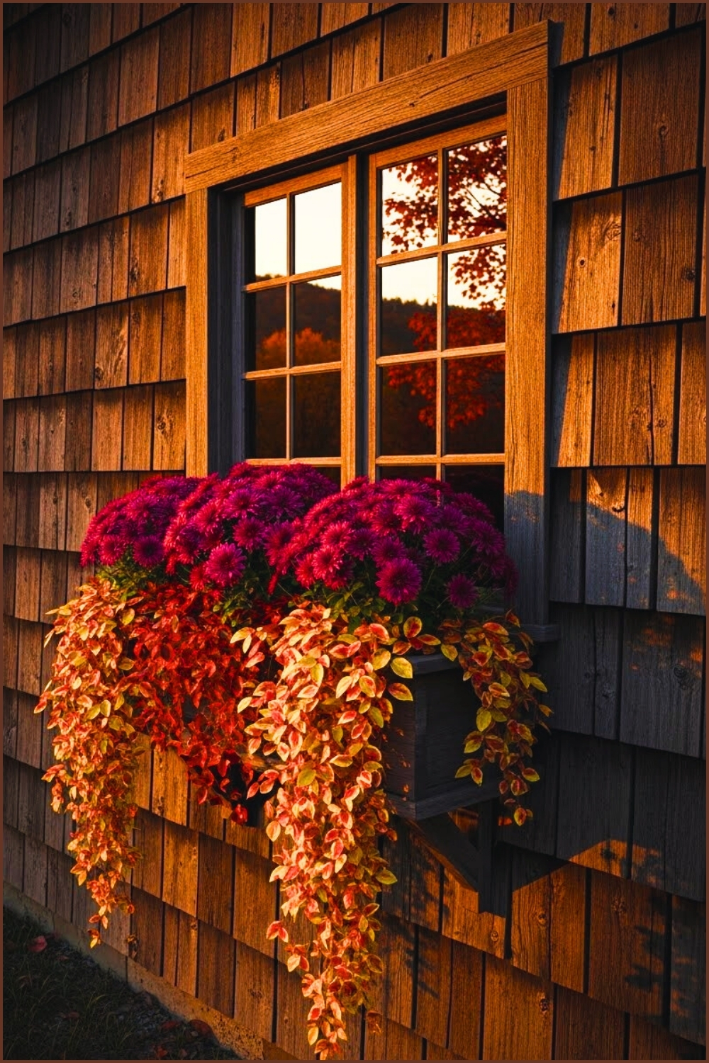 Rustic Cabin Style Wooden Siding, Vintage Window Box Overflowing