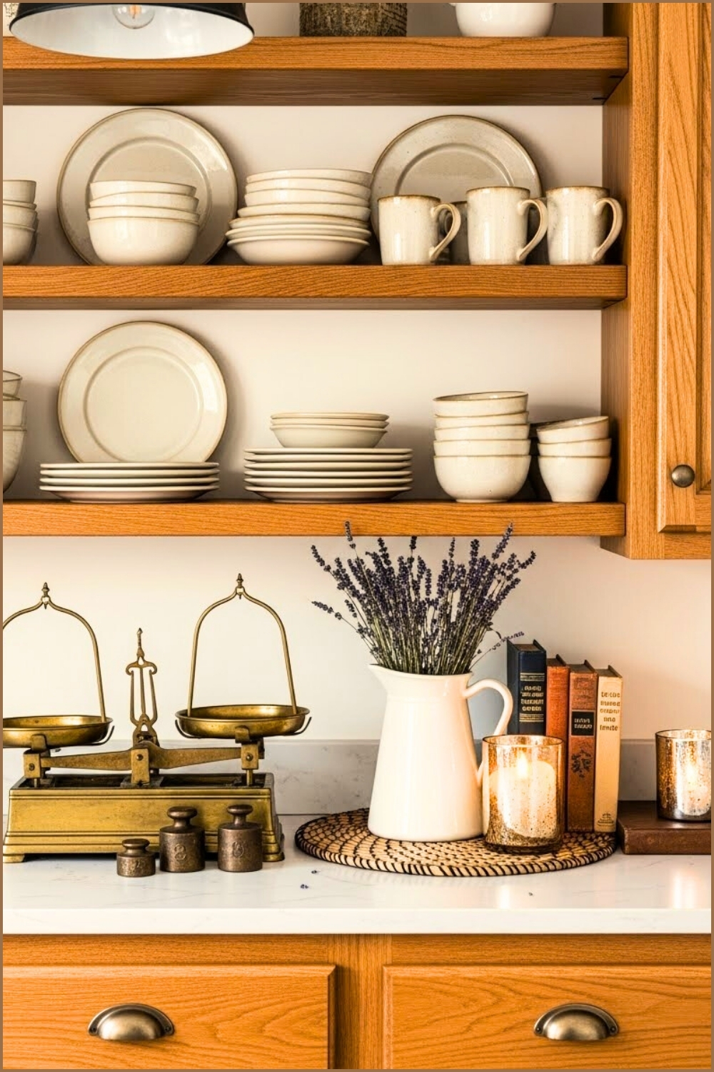 Rustic Cottage Kitchen Countertop Styled With Antique Scales