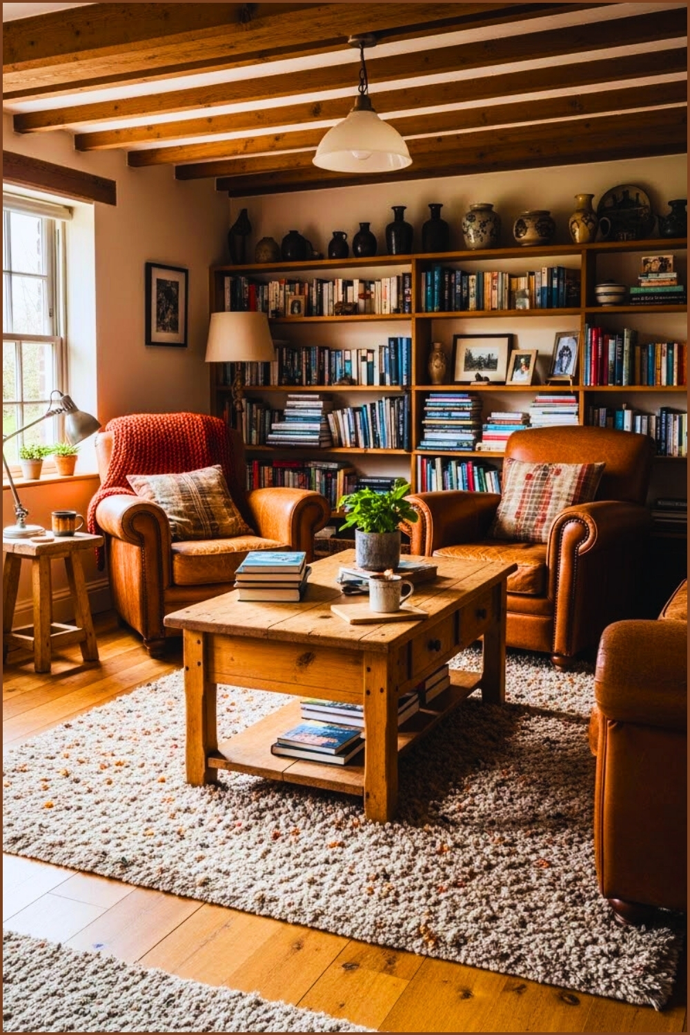 Rustic Cottage Living Room With Leather Chairs And Wooden Coffee