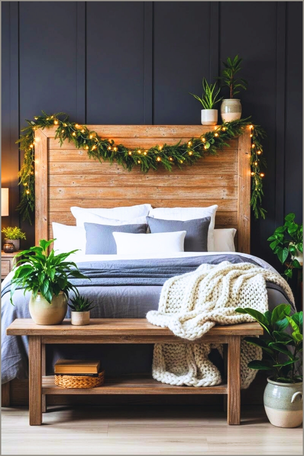 Rustic Cozy Bedroom With Dark Accent Wall Wooden Headboard