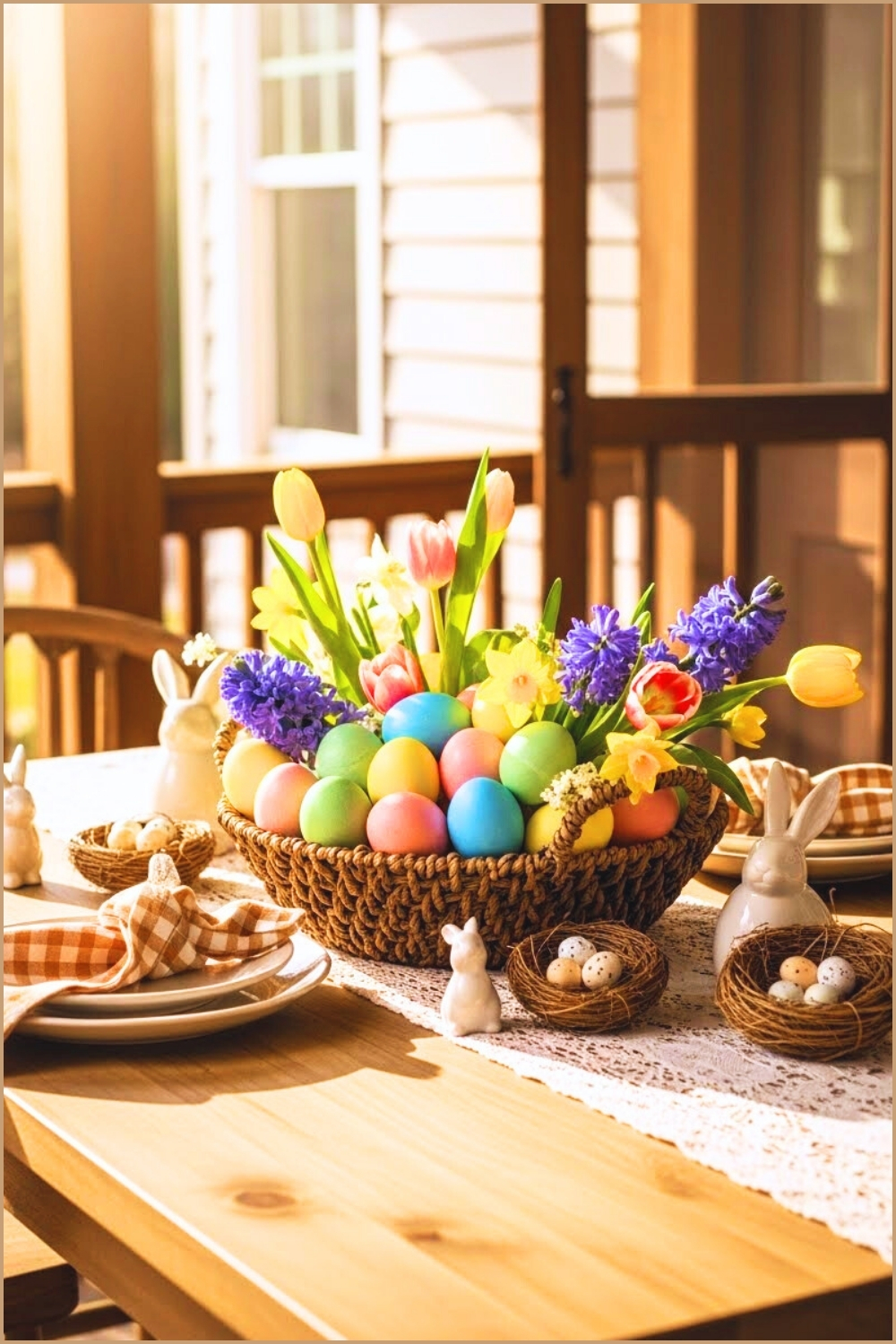 Rustic Easter Table Centerpiece, Woven Basket Filled