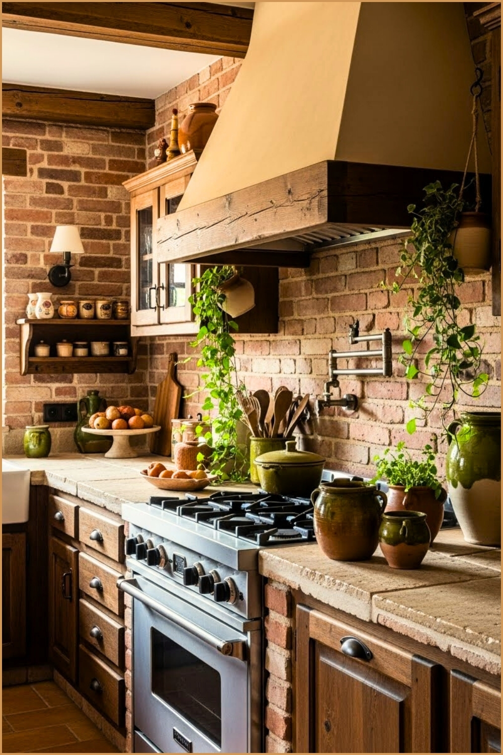 Rustic European Kitchen, Brick Backsplash And Walls