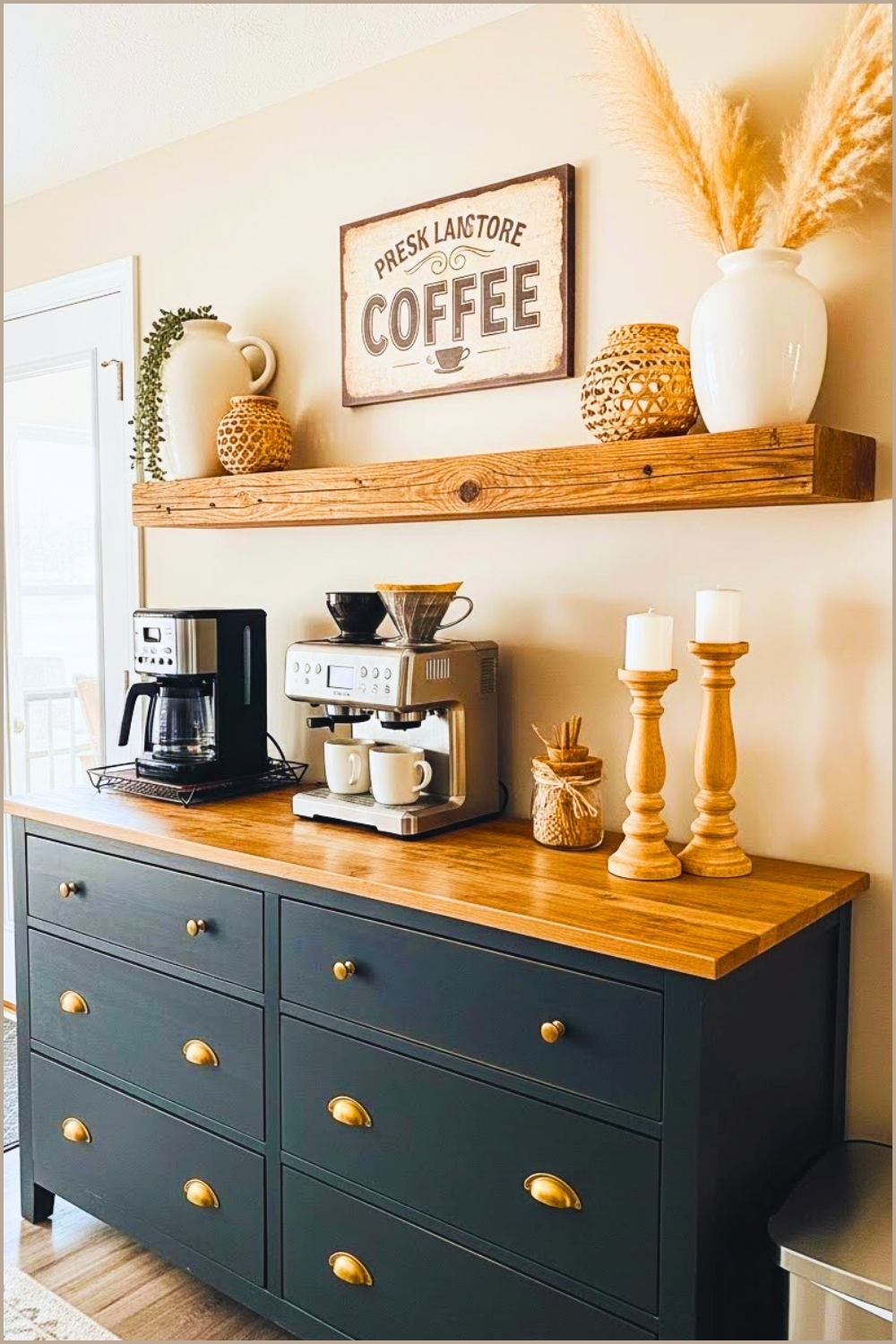 Rustic Farmhouse Home Coffee Bar With Dark Charcoal Dresser