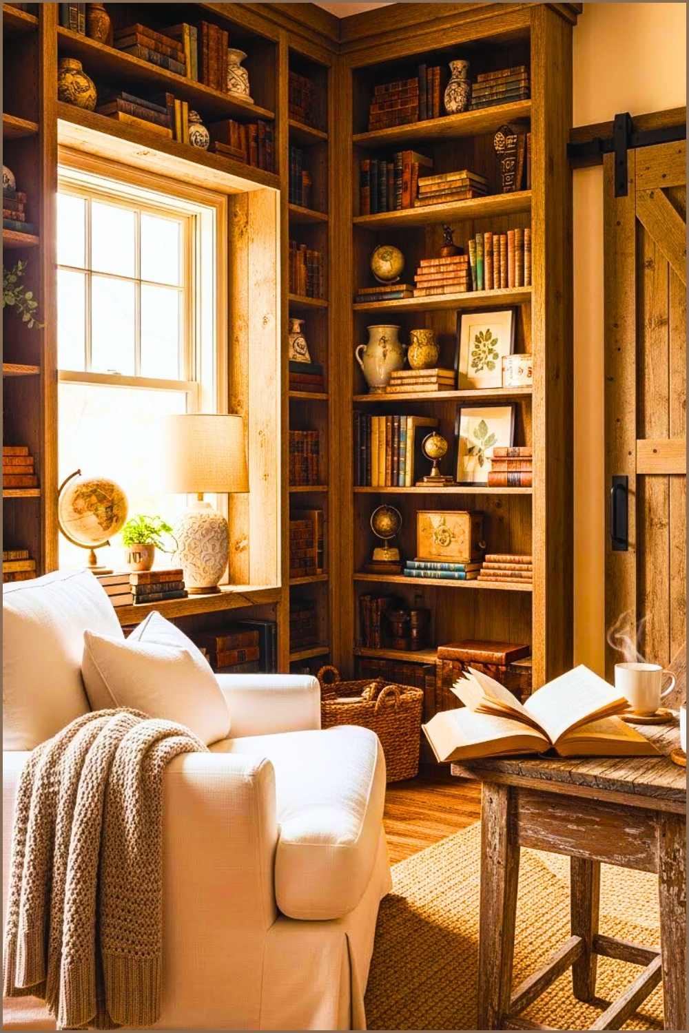 Rustic Farmhouse Home Library Floor To Ceiling Bookshelves