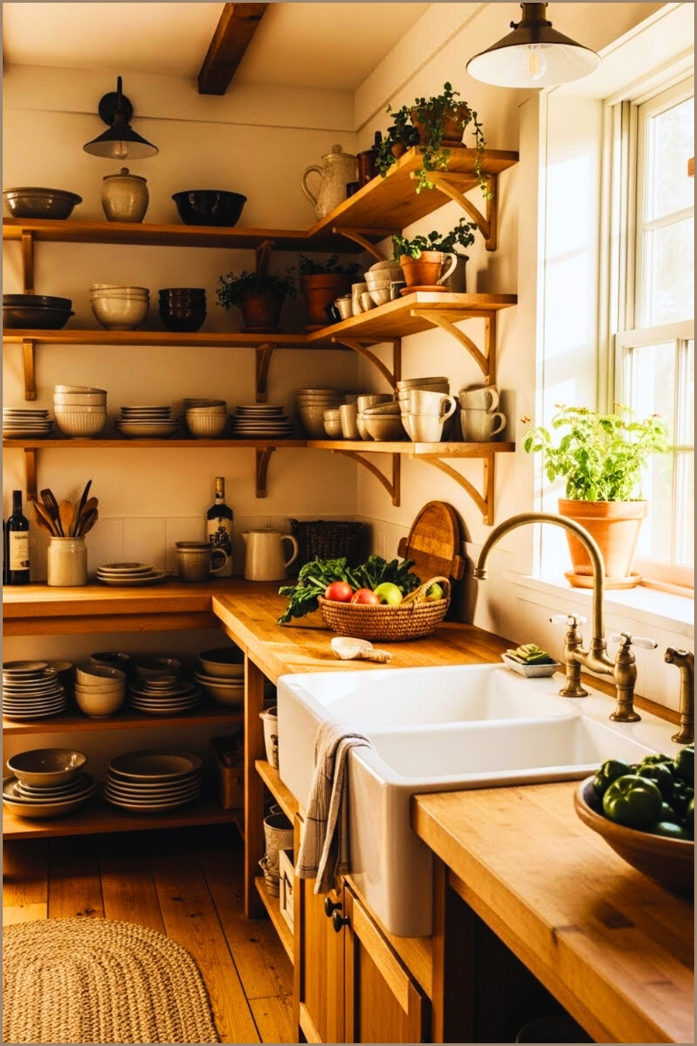 Rustic Farmhouse Kitchen With Open Wooden Shelves
