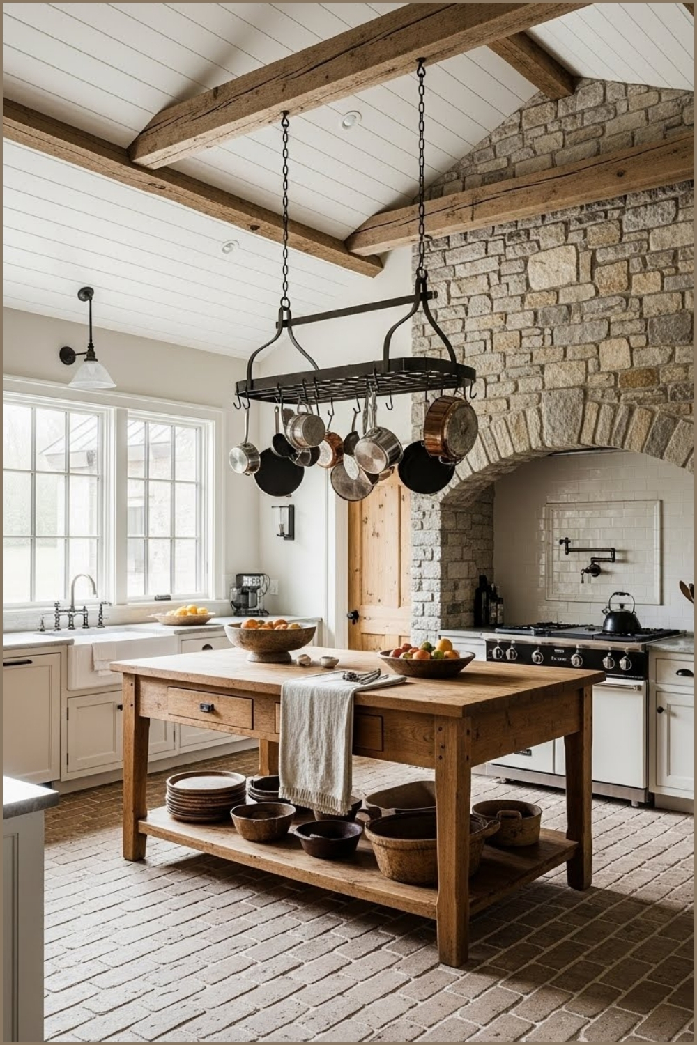 Rustic Farmhouse Kitchen With Vaulted White Shiplap Ceiling