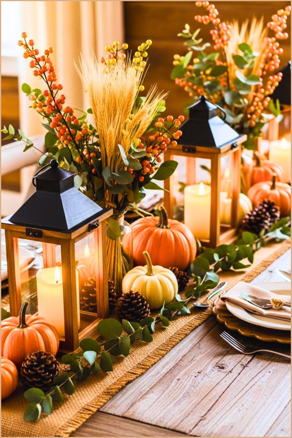Rustic Farmhouse Thanksgiving Tablescape Wooden Lanterns