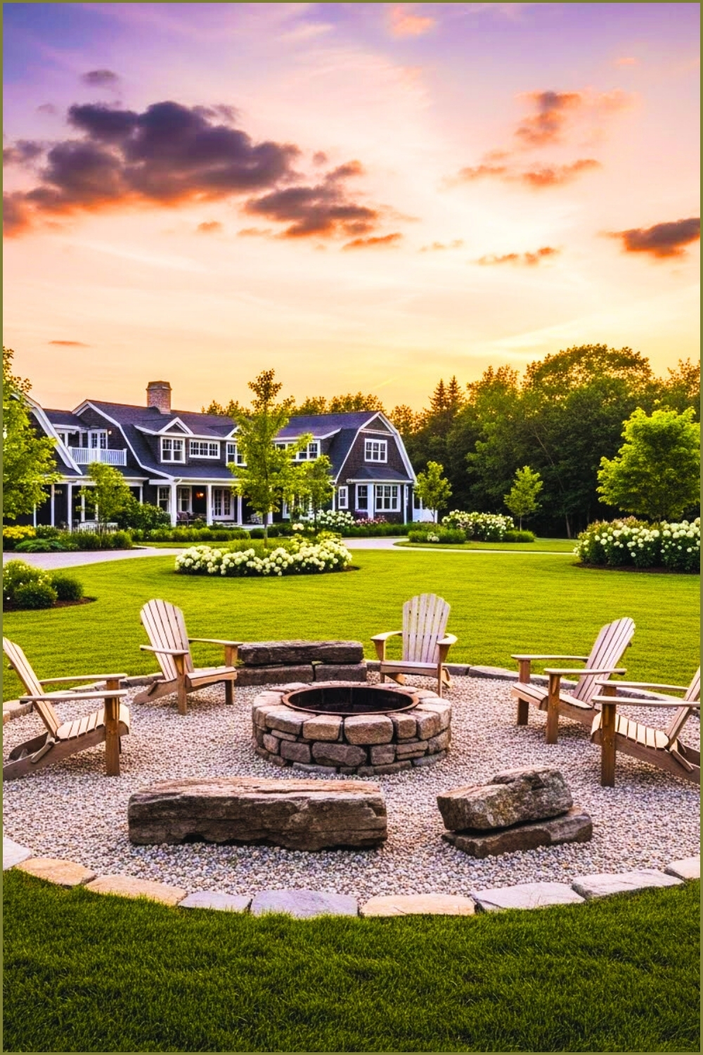 Rustic Firepit Circle In Large Open Lawn Wooden Adirondack Chairs