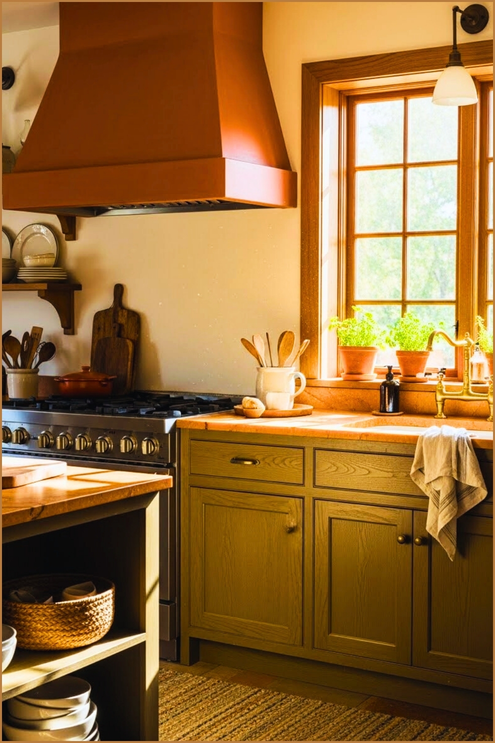 Rustic Green Kitchen With Wooden Cabinetry Terracotta Vent Hood