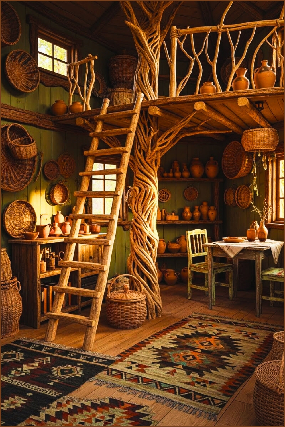 Rustic Handcrafted Treehouse Interior, Natural Wood Ladder To Loft