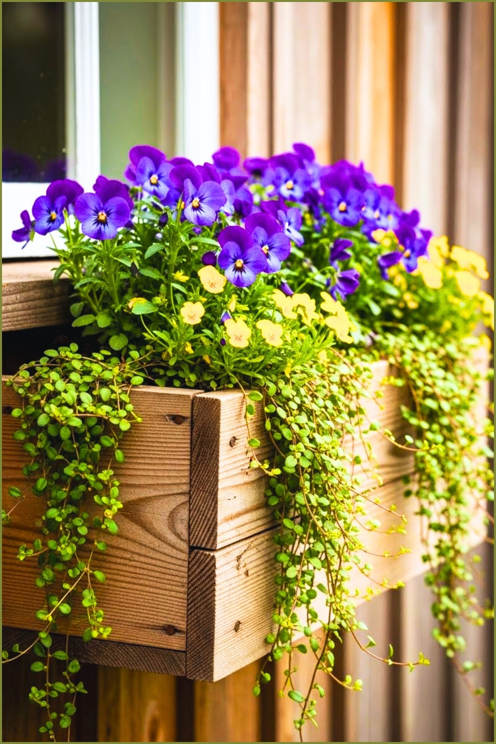 Rustic House Window Planter Overflowing With Vibrant Purple