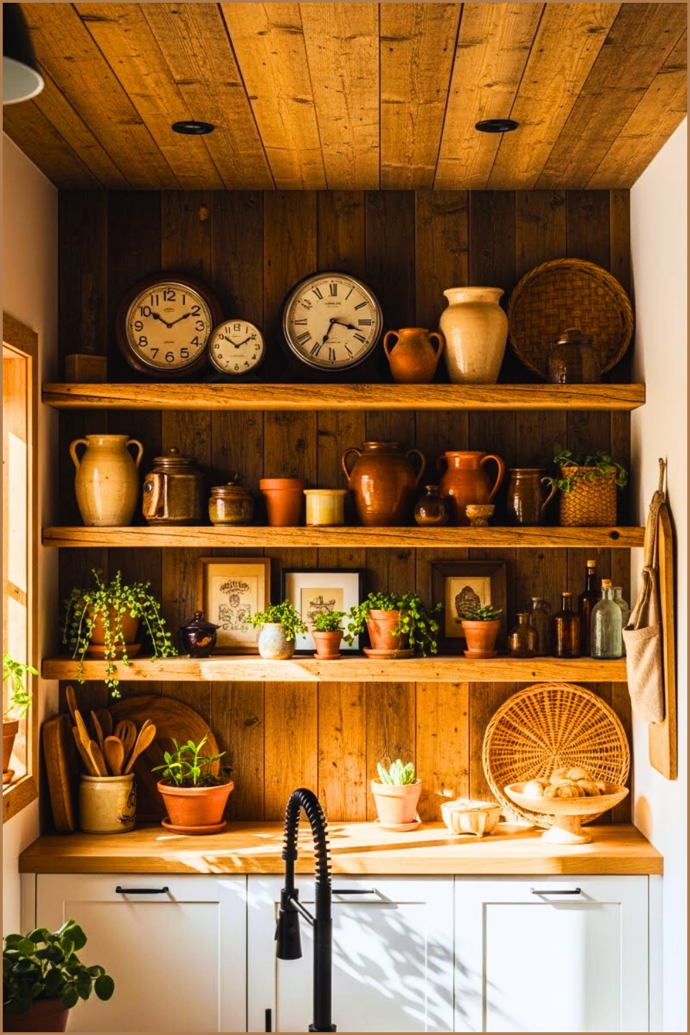 Rustic Kitchen Nook With Reclaimed Wood Wall And Ceiling