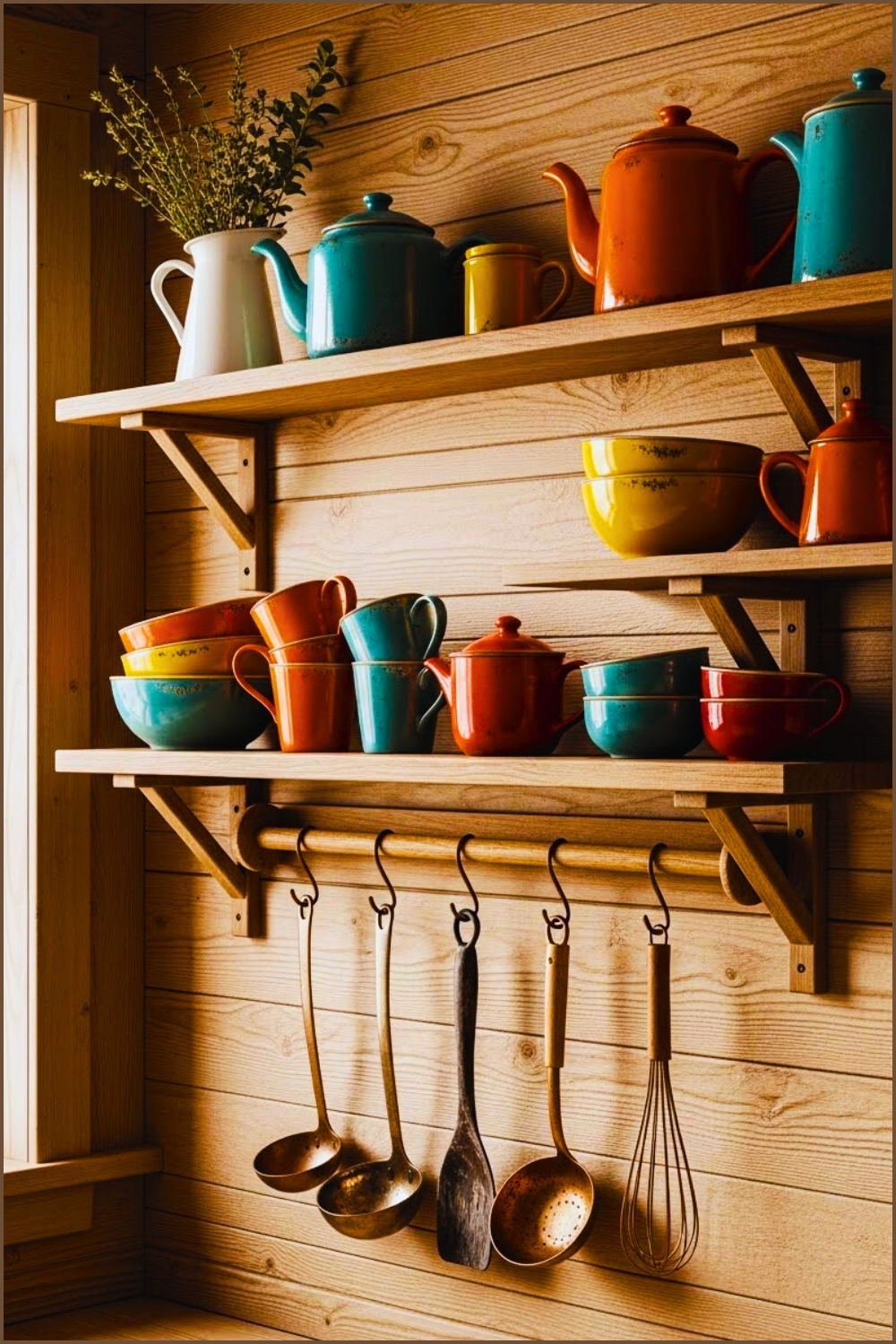Rustic Kitchen Wall With Wooden Open Shelves Colorful Vintage Ceramic