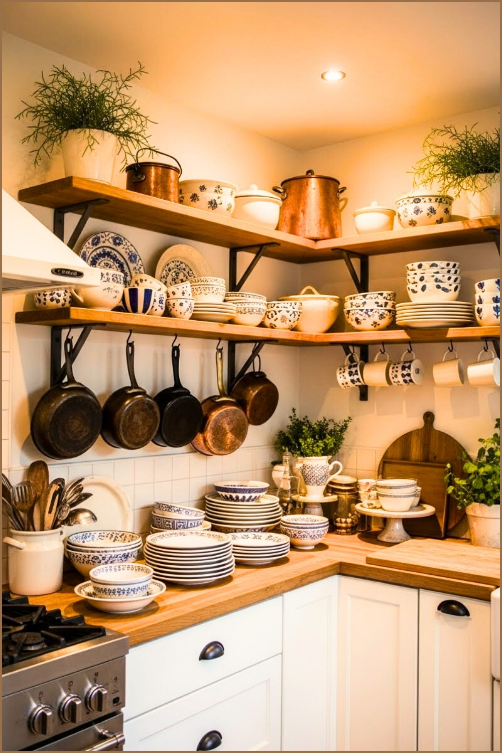 Rustic Kitchen With Open Wood Shelves, Colorful Ceramic Dishes