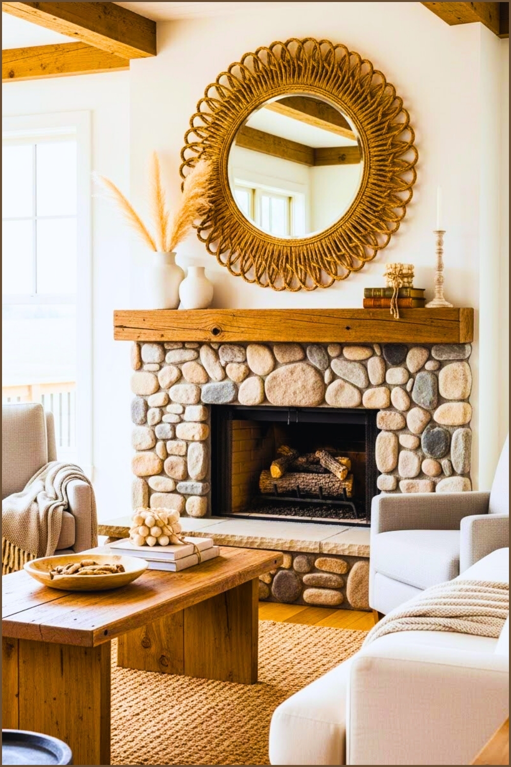 Rustic Living Room Fireplace Round Woven Mirror Above
