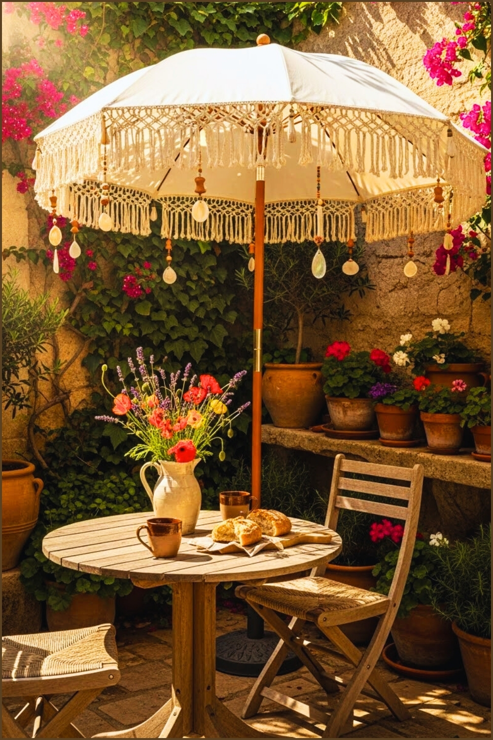 Rustic Mediterranean Courtyard With Boho Umbrella