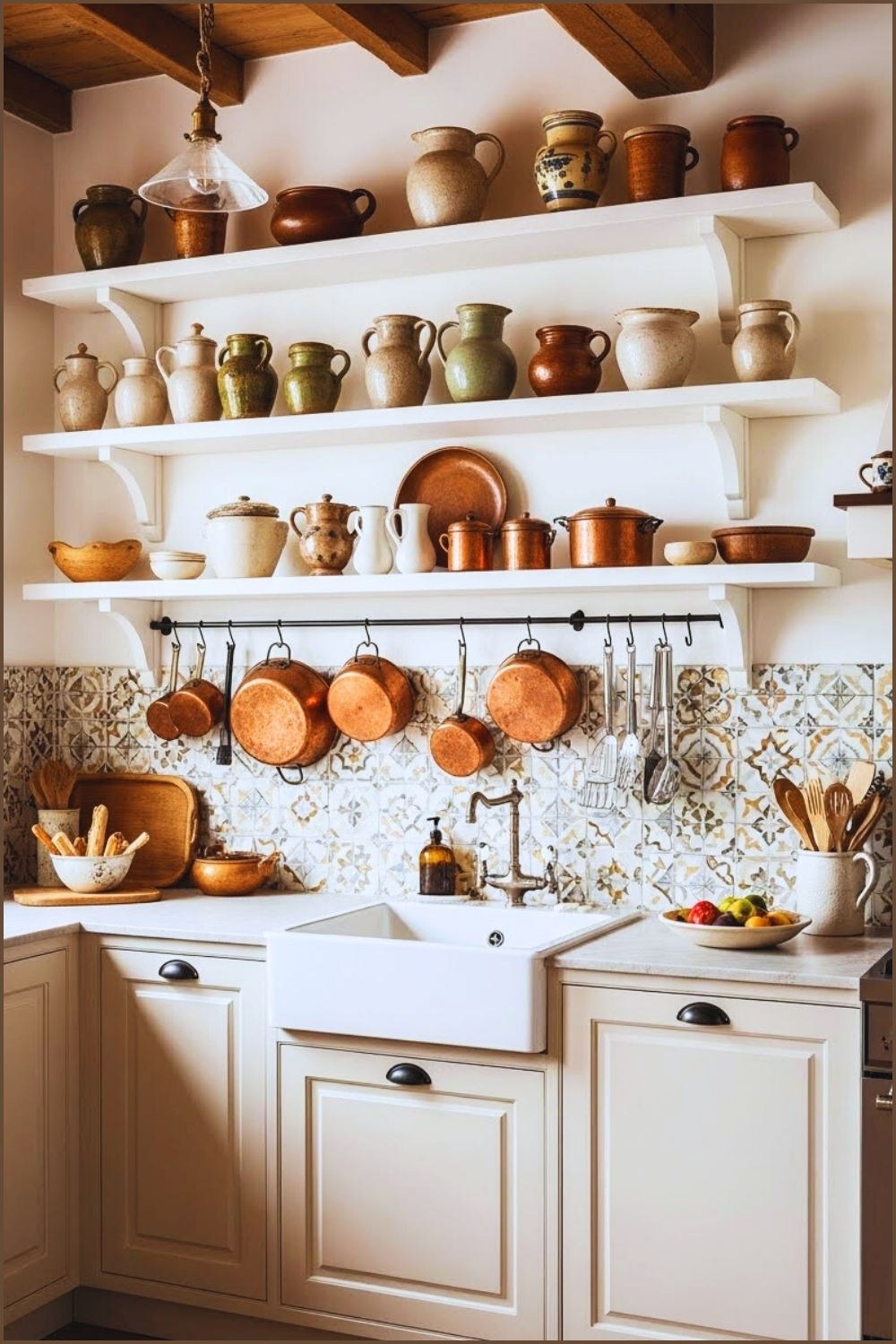 Rustic Mediterranean Kitchen Interior With Open White Shelves