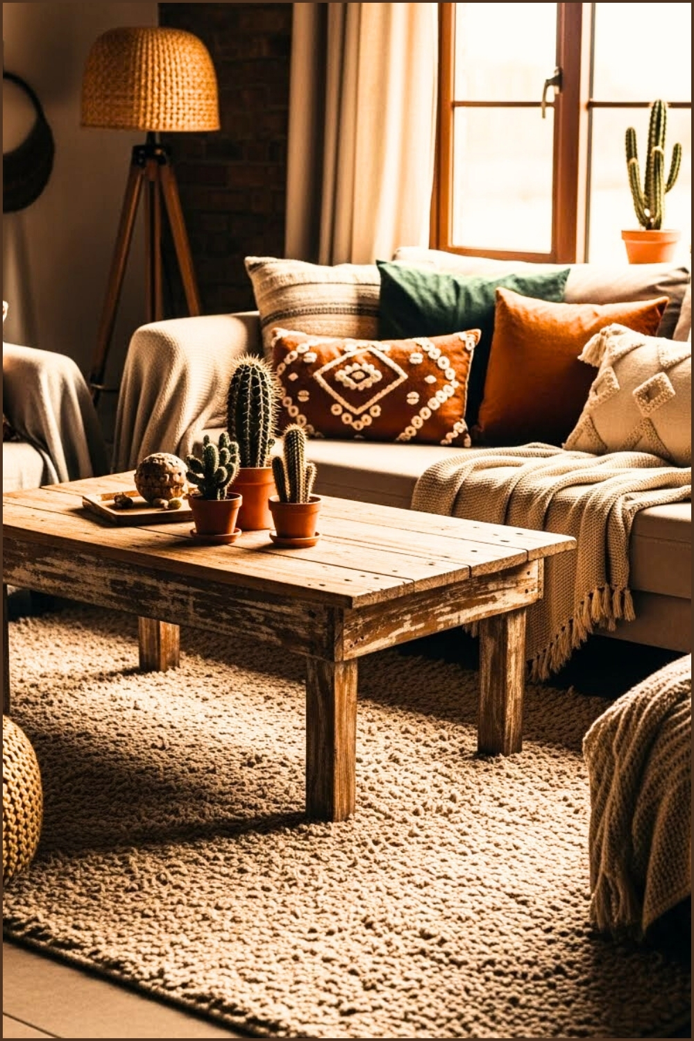 Rustic Modern Boho Room, Distressed Wooden Coffee Table