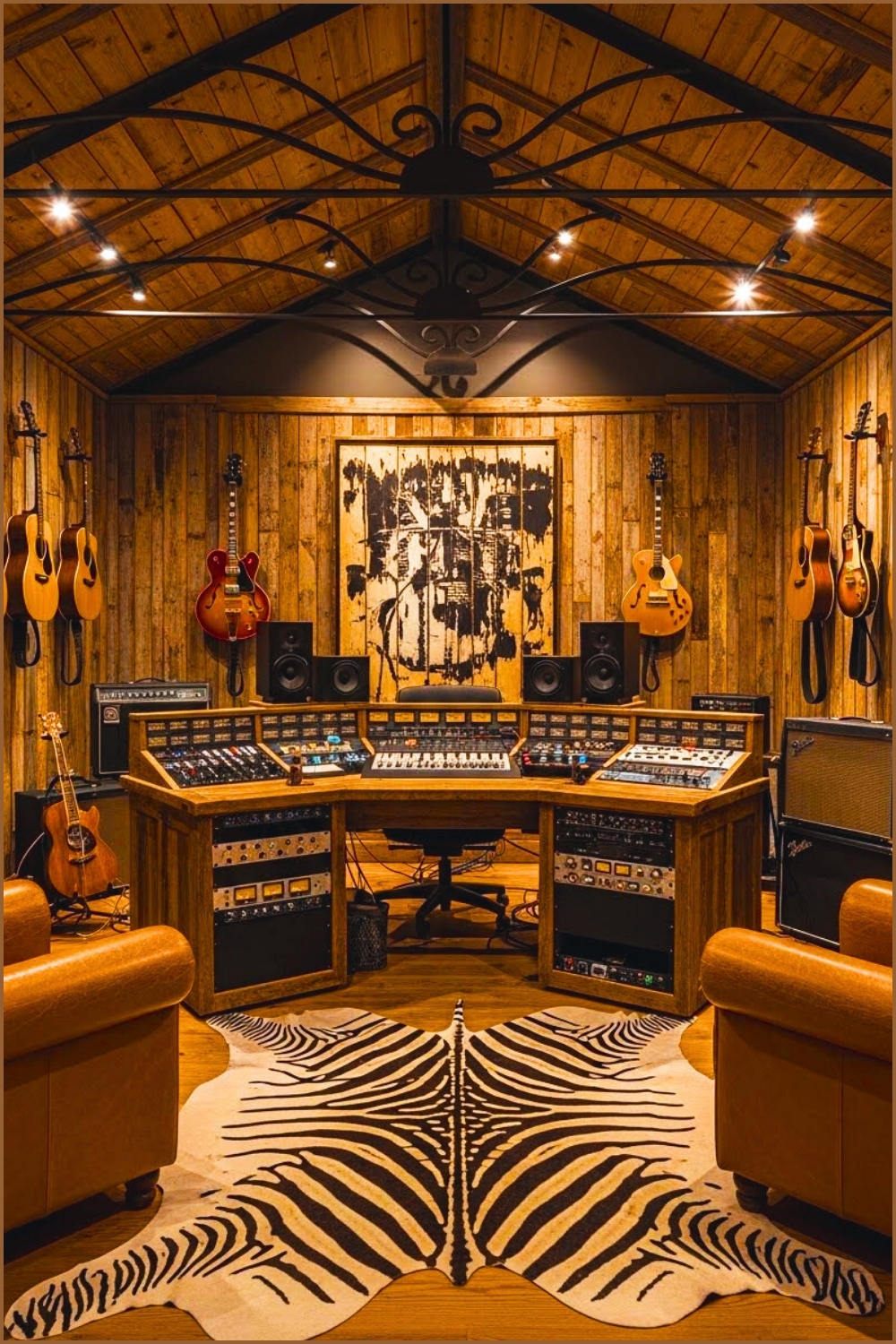 Rustic Music Studio Interior Under Vaulted Beams