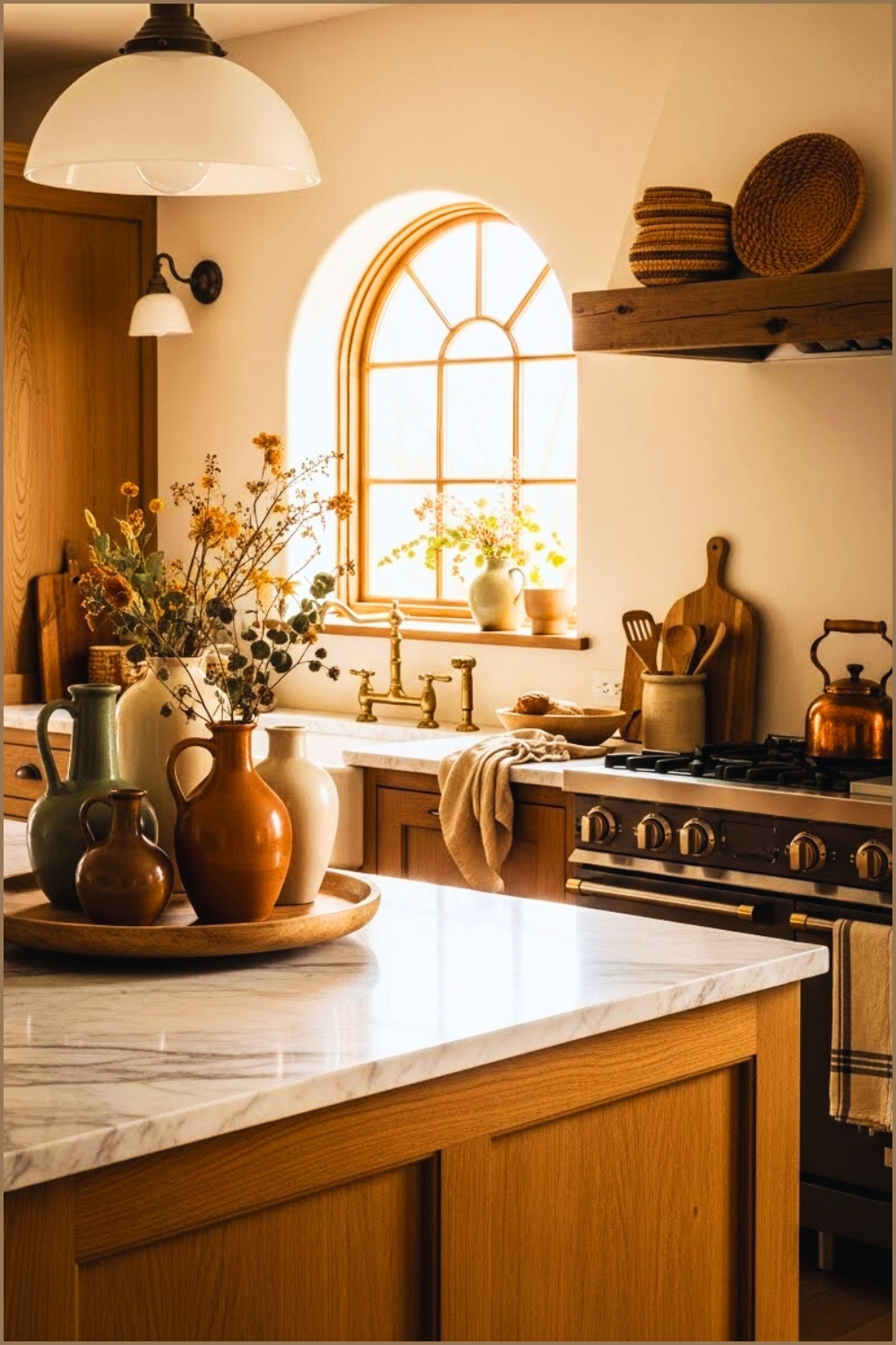 Rustic Natural Wood Kitchen With Marble Countertops