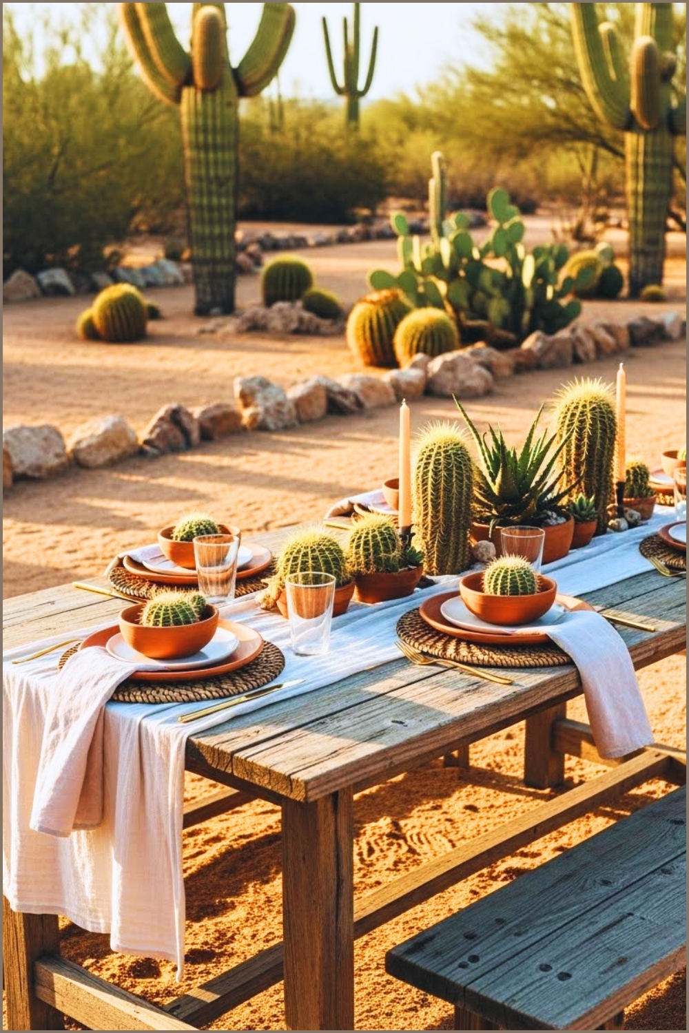 Rustic Outdoor Dining Table Set In A Sunlit Desert Garden