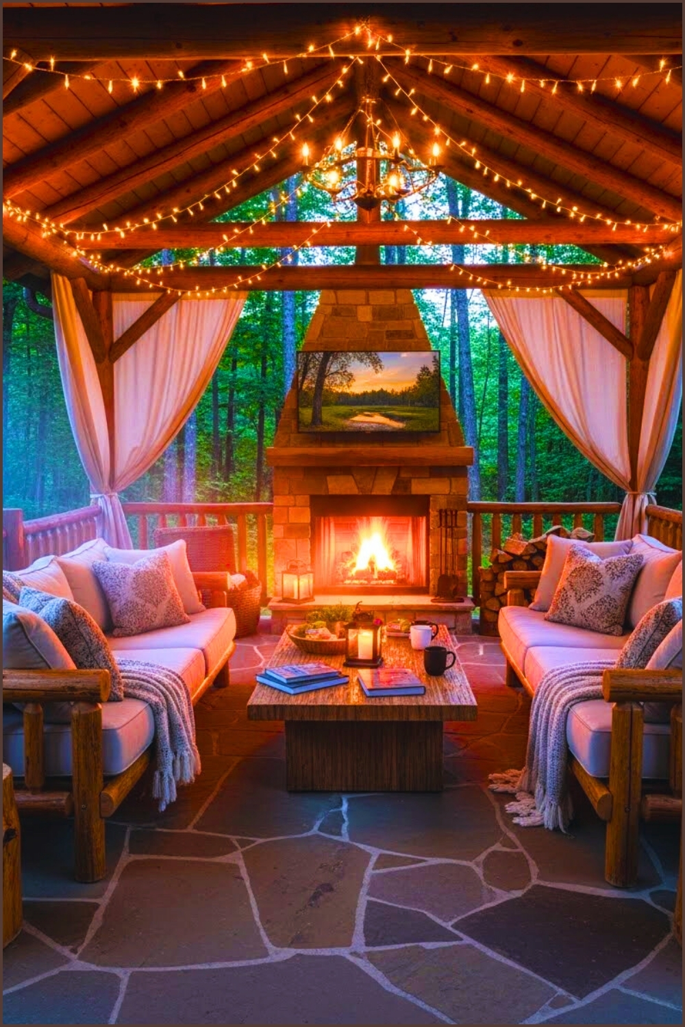 Rustic Outdoor Living Room Cabin, Curtain Sides Open