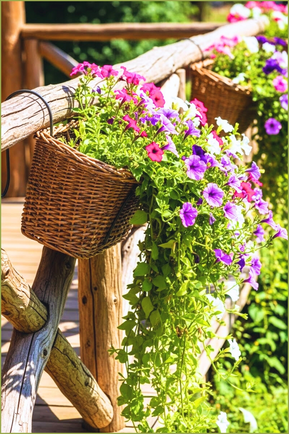 Rustic Outdoor Railing Decorated With Woven Wicker Baskets