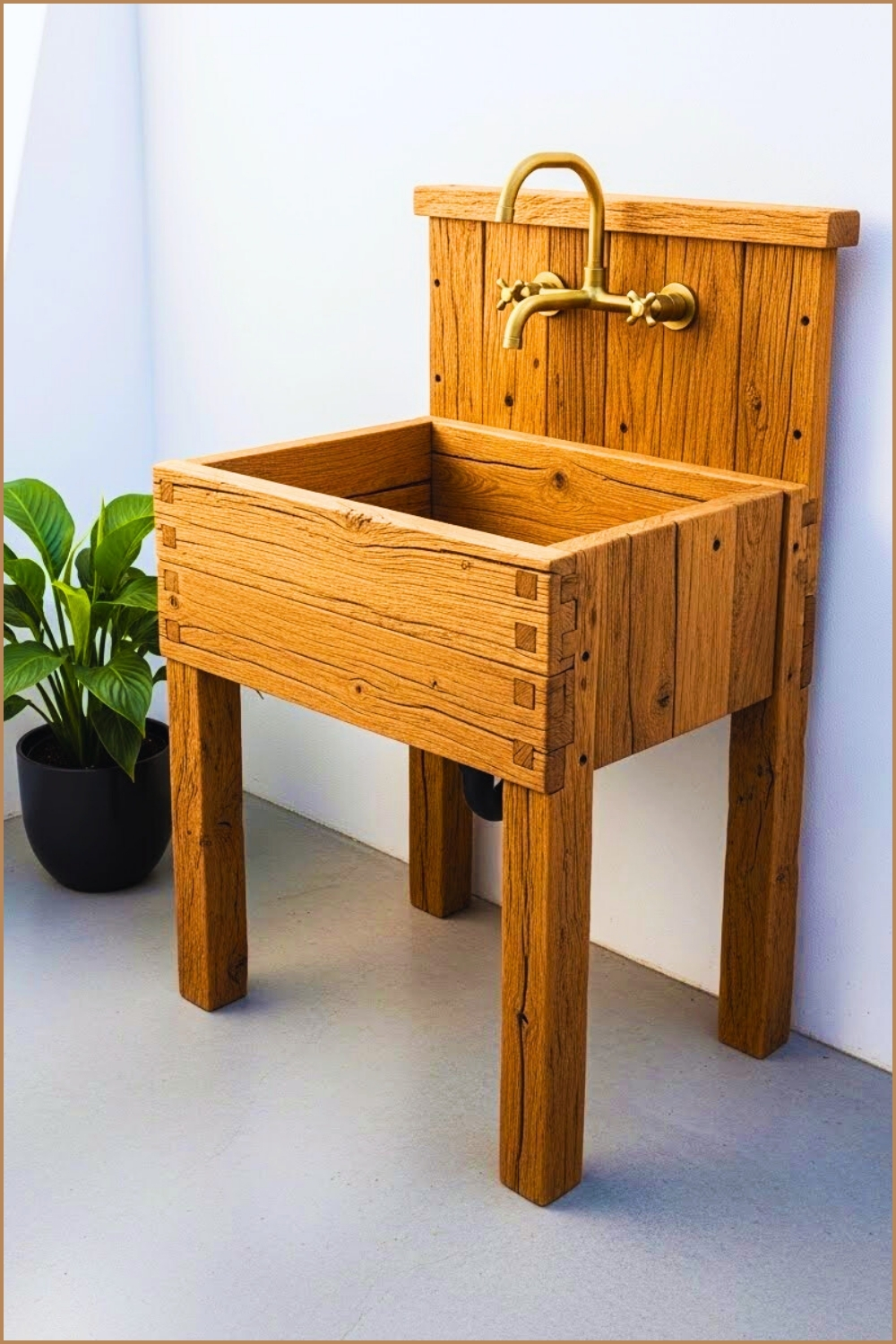 Rustic Outdoor Wooden Sink, Handcrafted Carpentry
