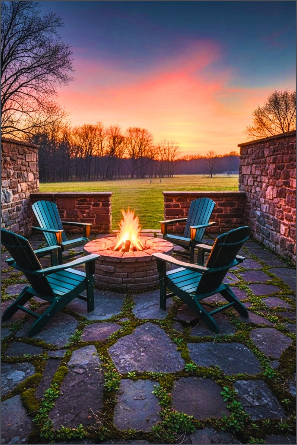 _Rustic Patio With Stone Firepit Weathered Stone Walls