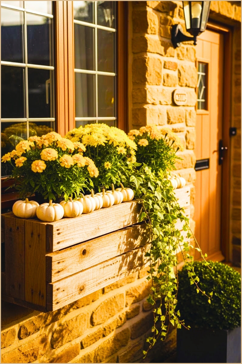 Rustic Reclaimed Wood Window Planter, Bright Yellow Fall Blooms