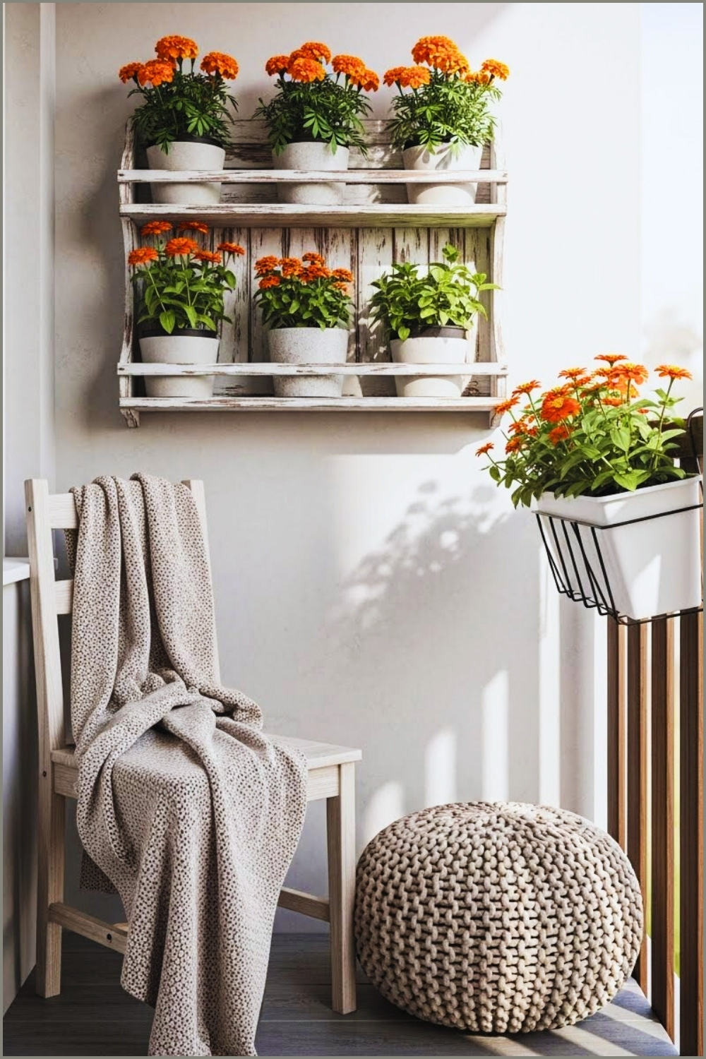 Rustic Small Balcony With White Shelf Filled With Potted