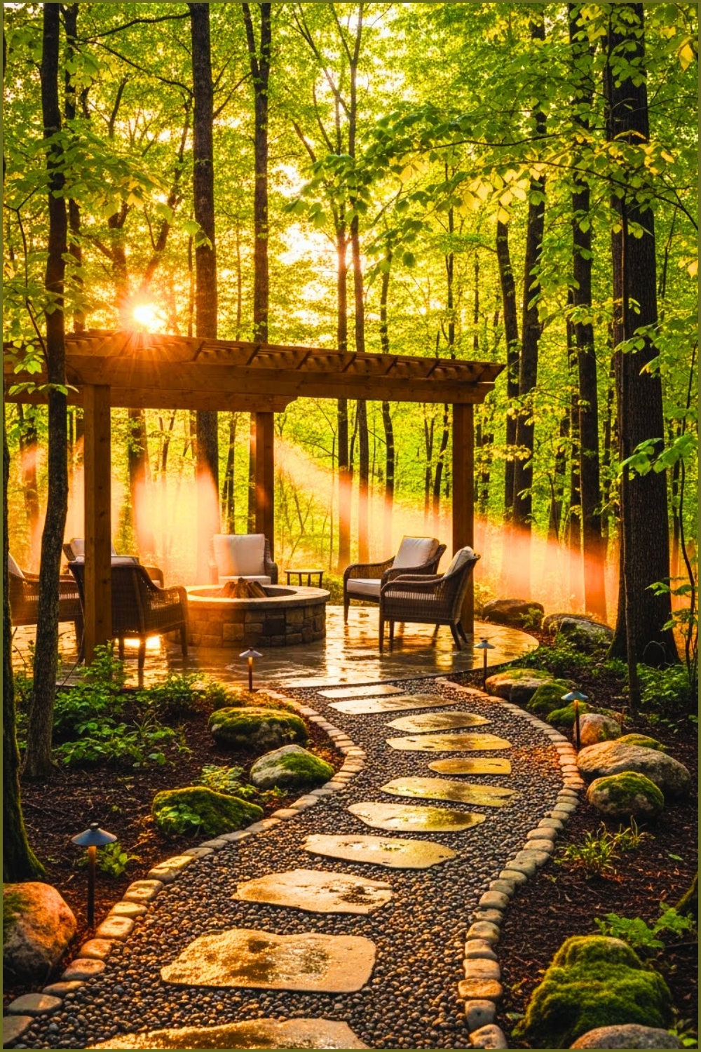 Rustic Stone Firepit On Wet Stone Patio Timber Pergola Roof