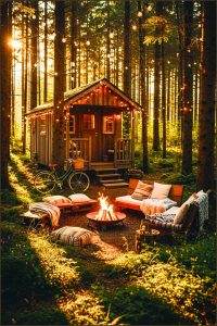 Rustic Tiny Wood Cabin In Dense Forest, Fairy String Lights