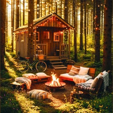 Rustic Tiny Wood Cabin In Dense Forest, Fairy String Lights