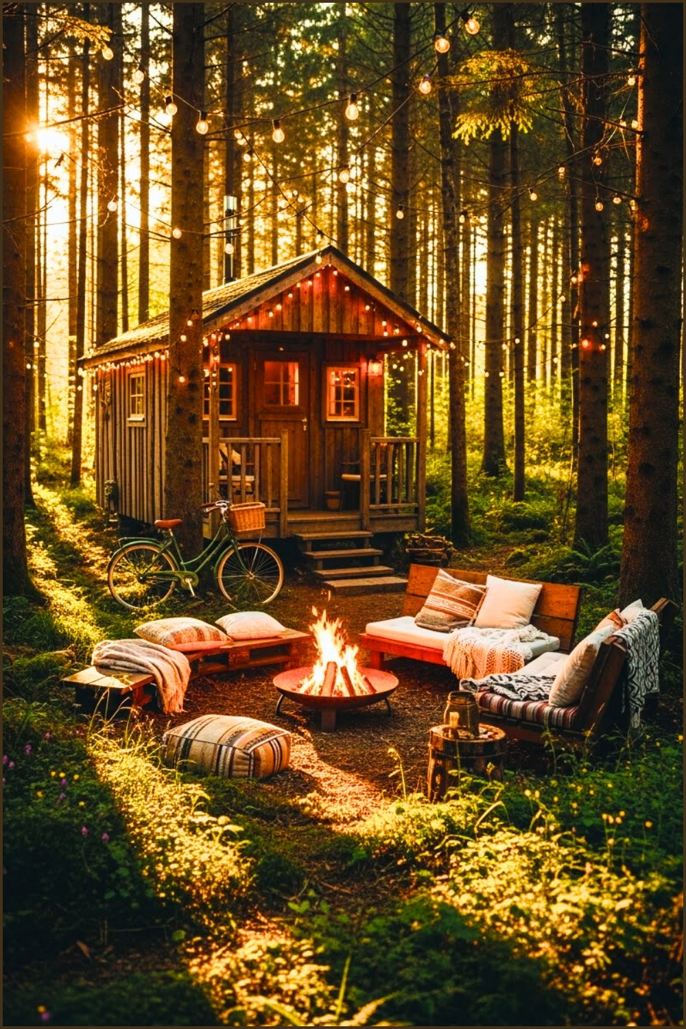 Rustic Tiny Wood Cabin In Dense Forest, Fairy String Lights