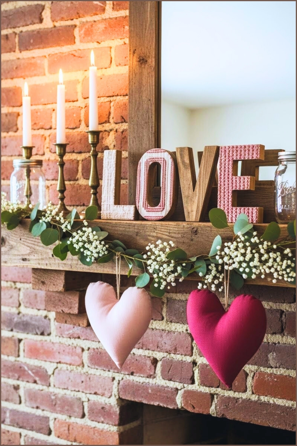 Rustic Valentine S Mantel Decor Exposed Brick Fireplace Wall