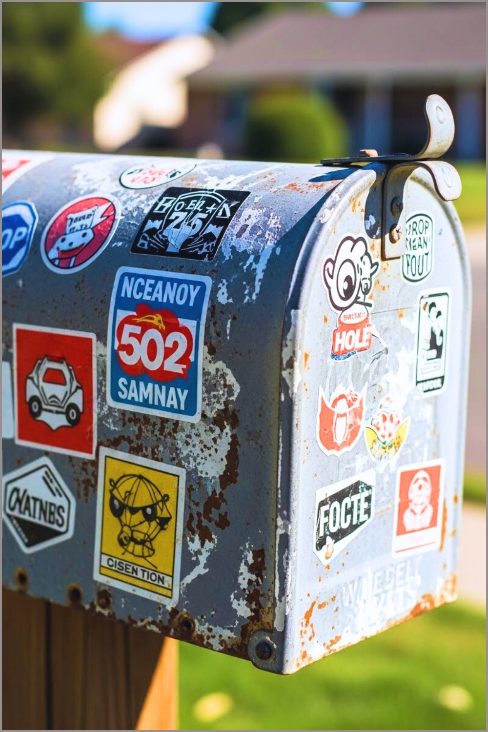 Rustic Vintage Mailbox Covered With Assorted Retro