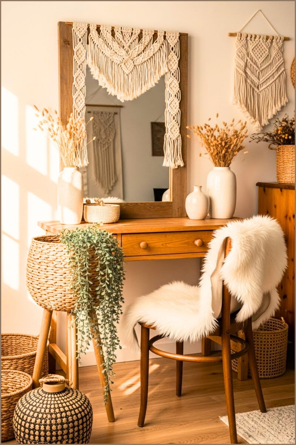 Rustic Vintage Vanity With Macrame Mirror Trim