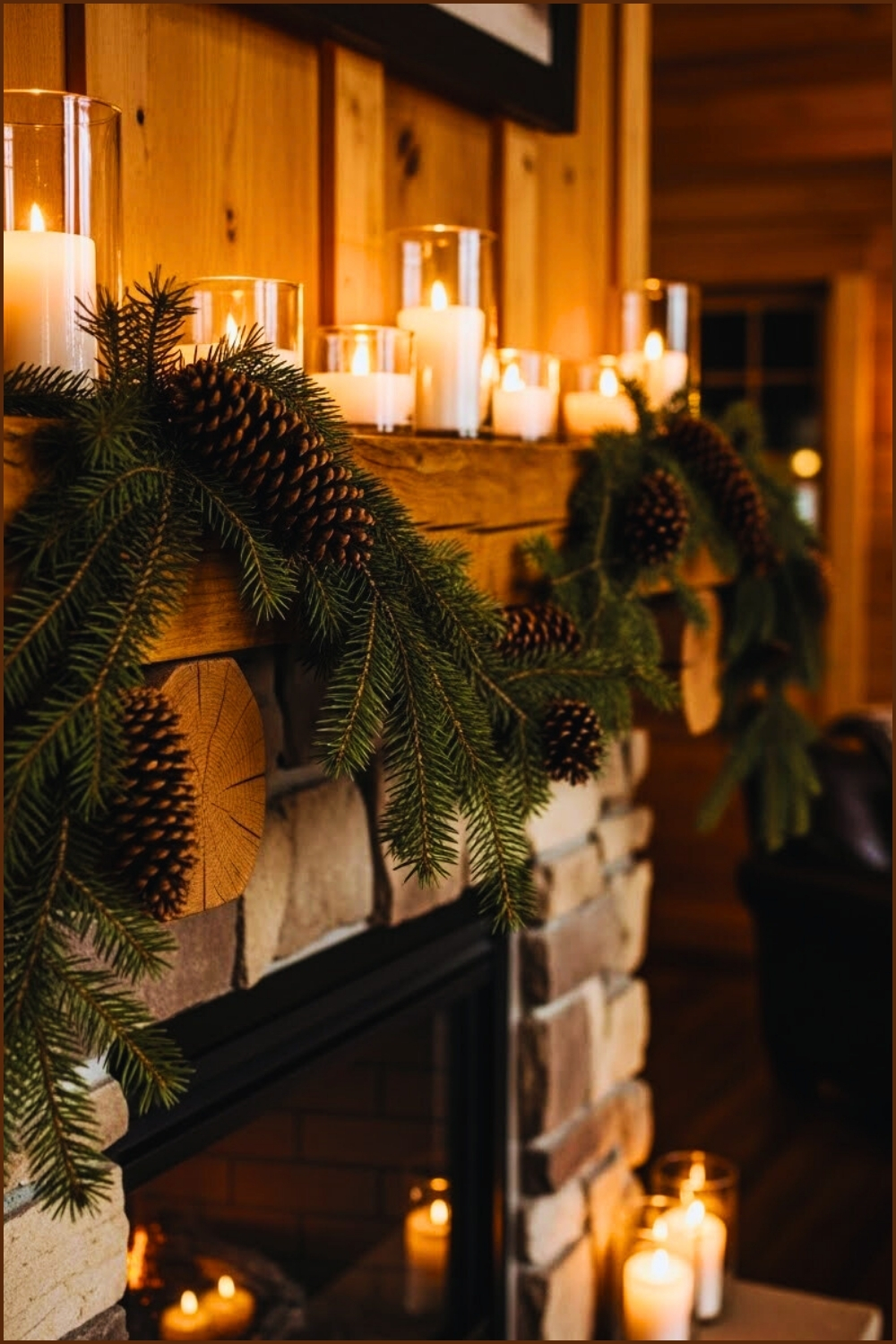 Rustic Winter Fireplace Mantel Decorated With Real Pine Greenery