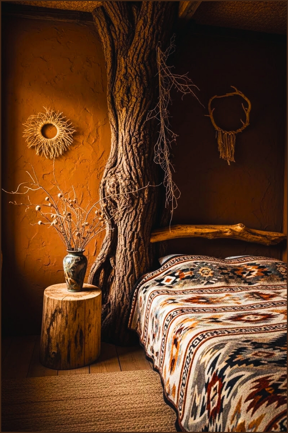Rustic Woodland Bedroom With Real Tree Trunk Inside Room
