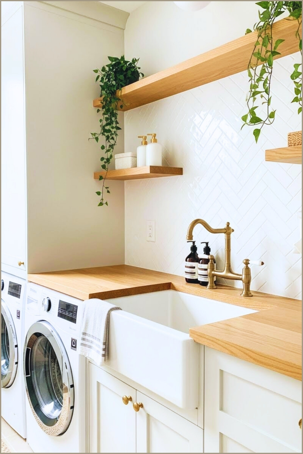 Scandinavian Modern Laundry Room With Soft White Cabinetry