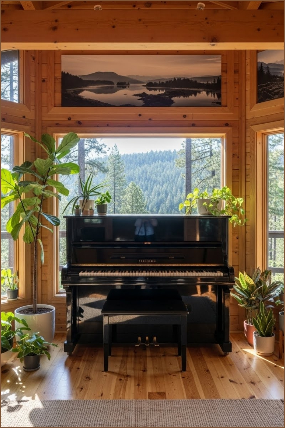Scenic Piano Room, Glossy Black Upright Piano
