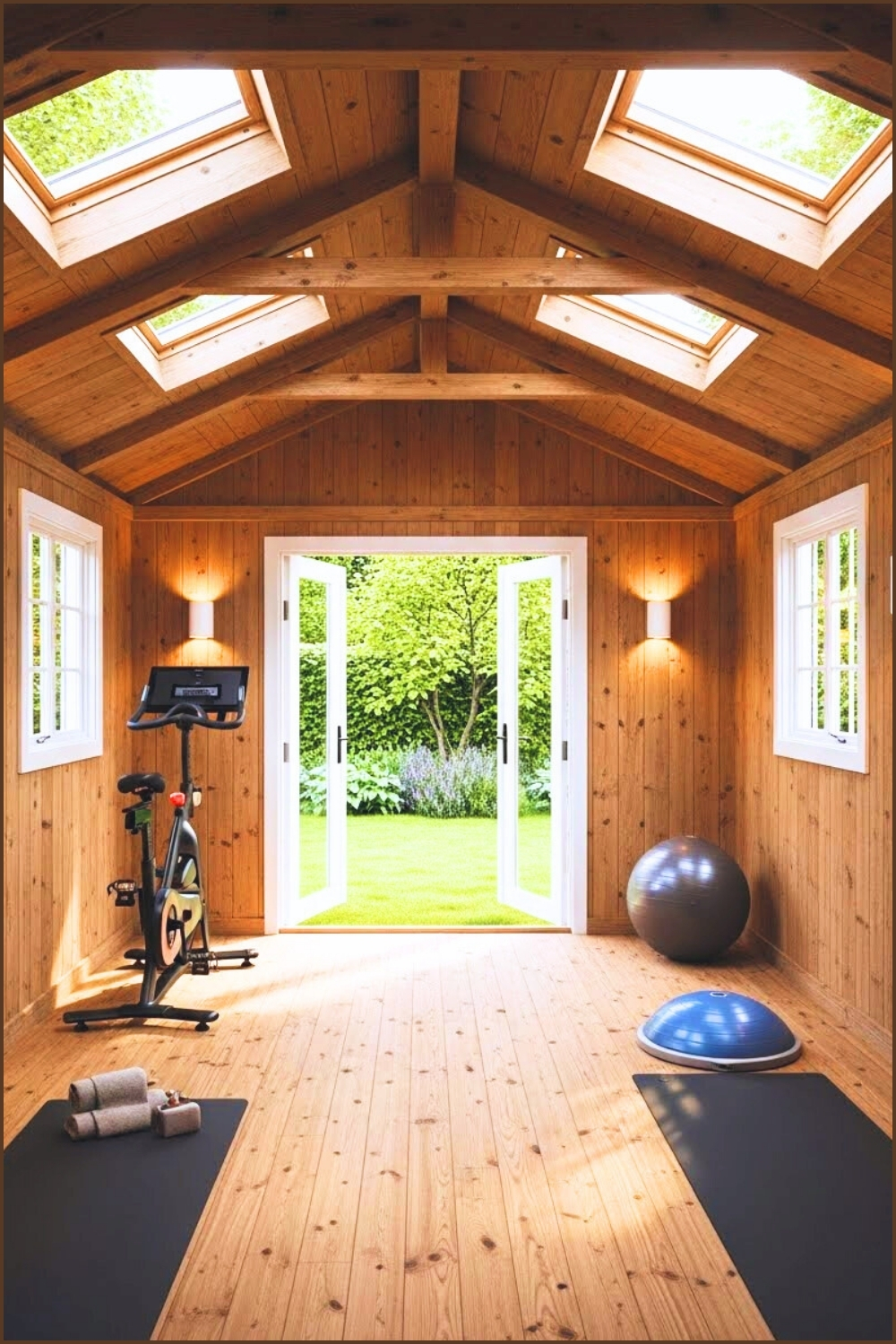 Serene Backyard Shed Gym Retreat Warm Wooden Plank