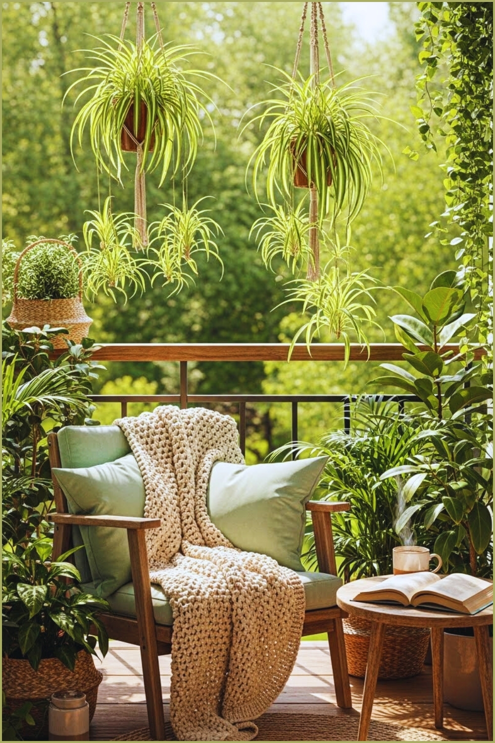 Serene Balcony Reading Nook With Spider Plants