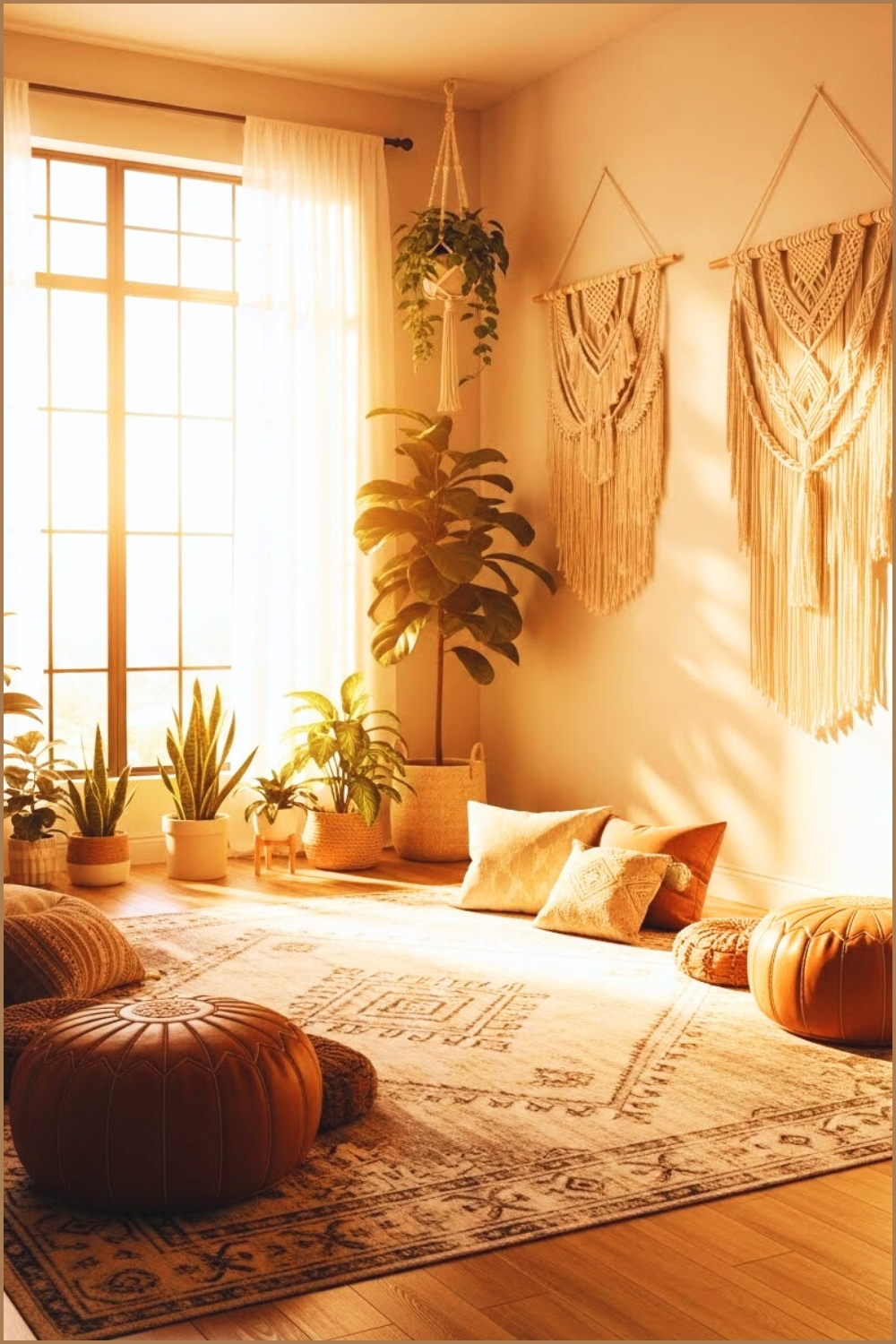 Serene Boho Yoga And Meditation Room With Large Sunlit