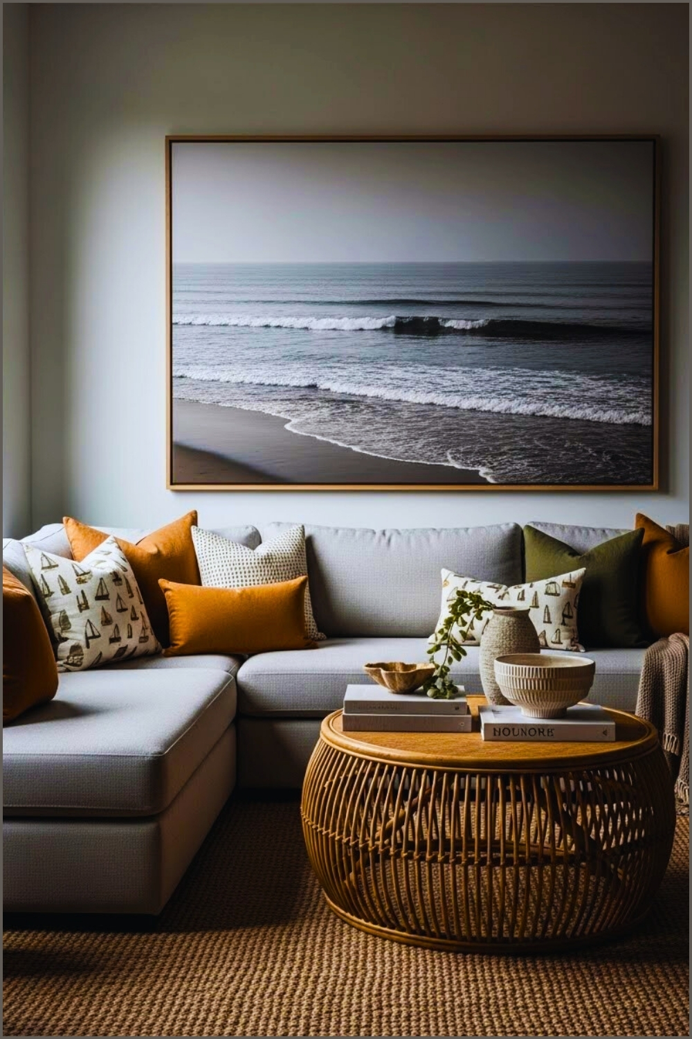 Serene Modern Coastal Lounge L-shaped Sofa Mix Of Earthy And Patterned